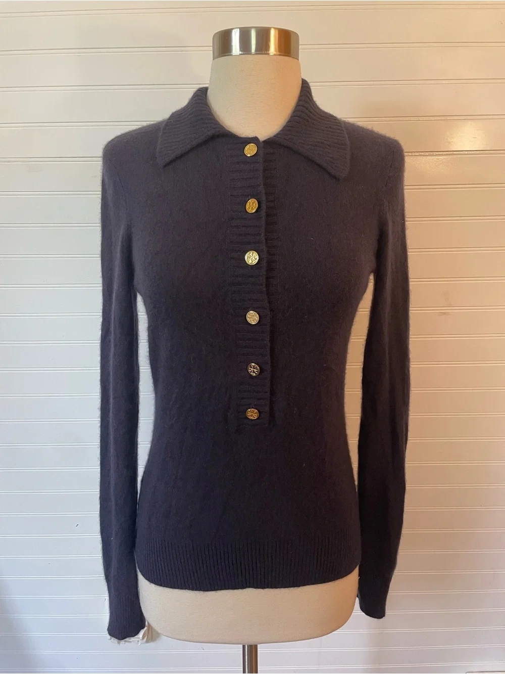 Tory Burch 100% Cashmere Polo Collared Sweater Size Small Gold Logo Buttons